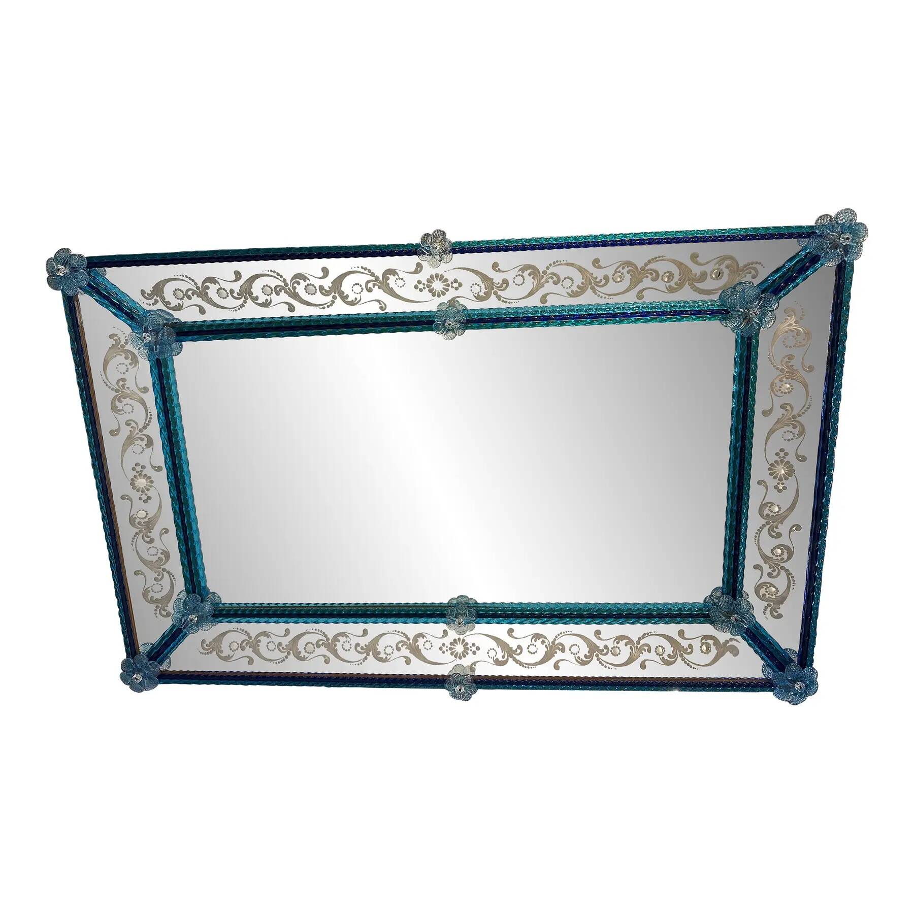 Stylish Modern Venetian Blue Mirror with Hand-Carved Murano Glass Frame