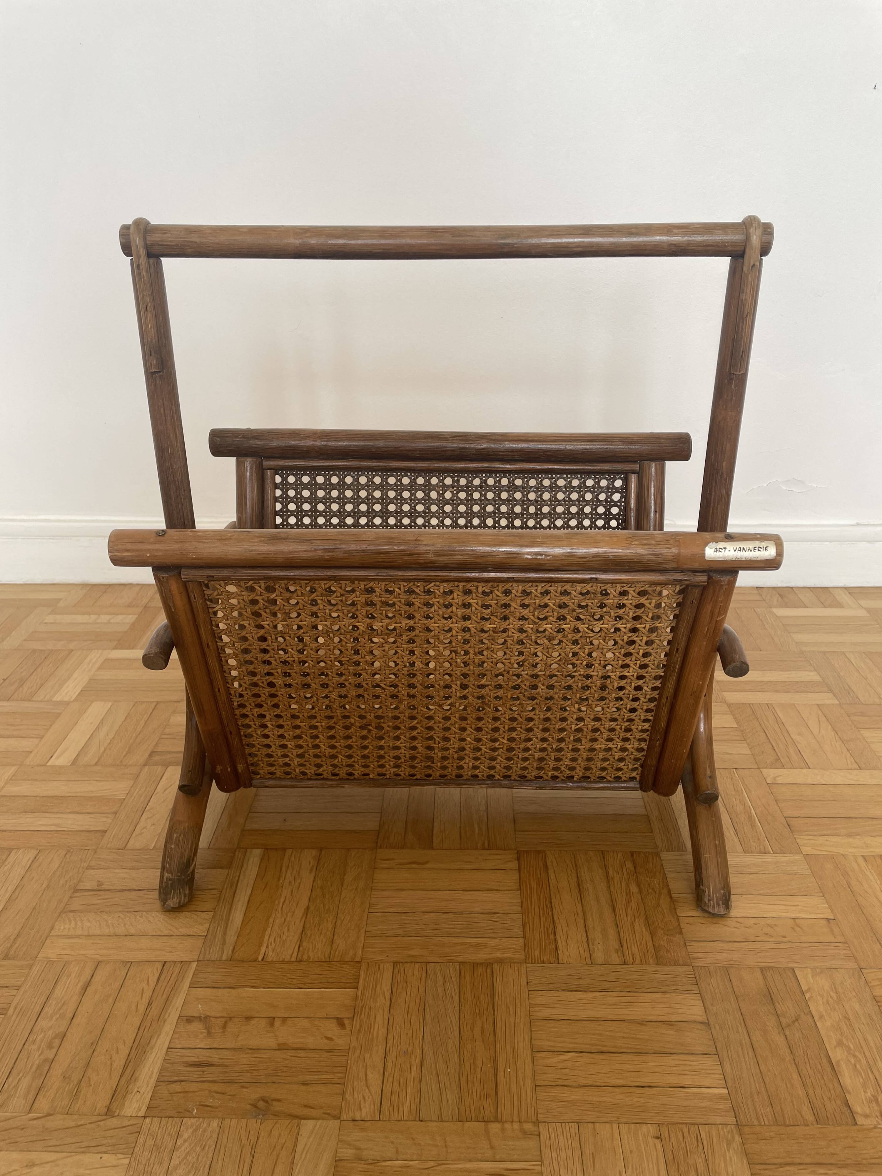 Brown rattan and cane magazine rack