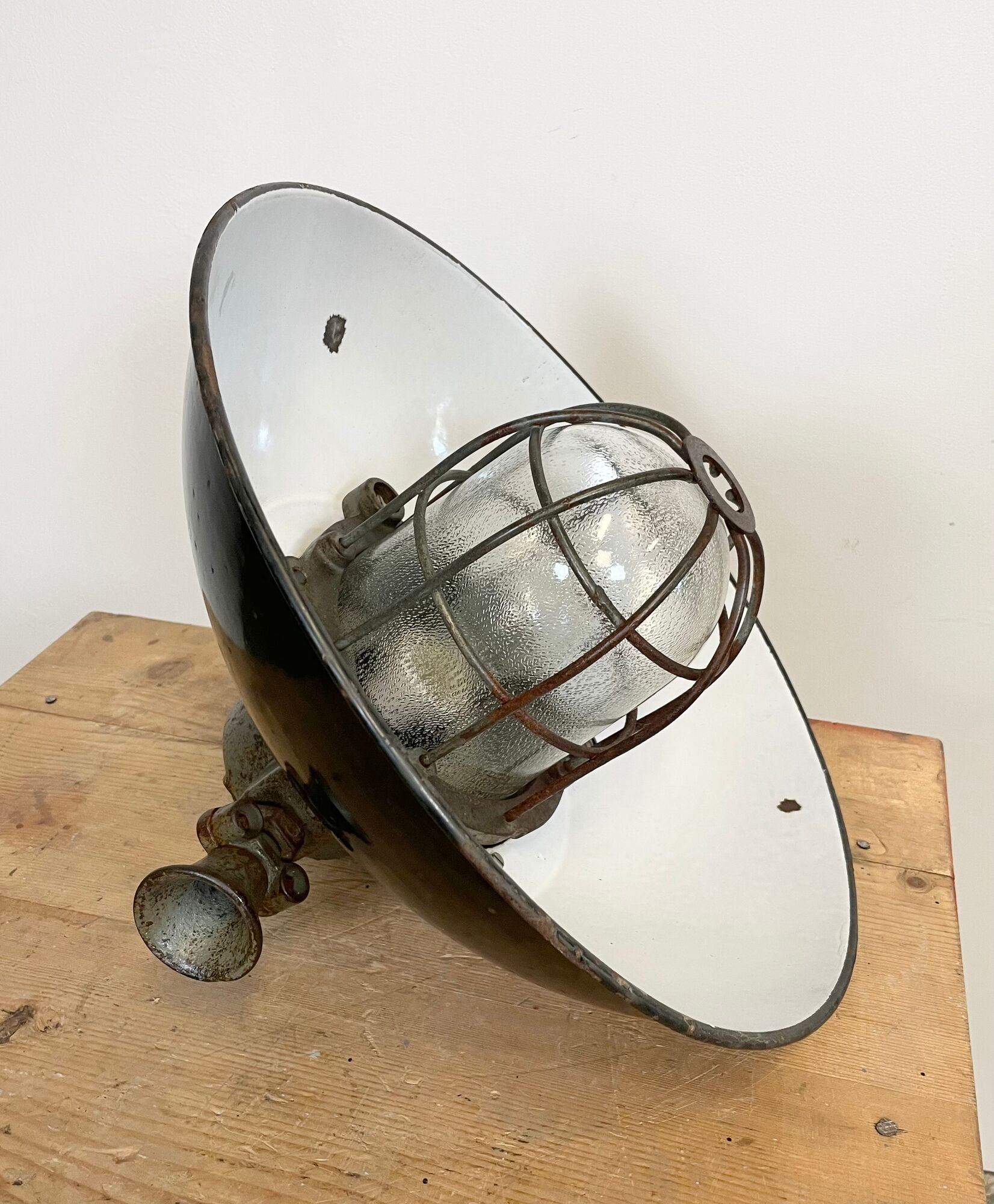 Black Enamel and Cast Iron Industrial Cage Pendant Light, 1950s