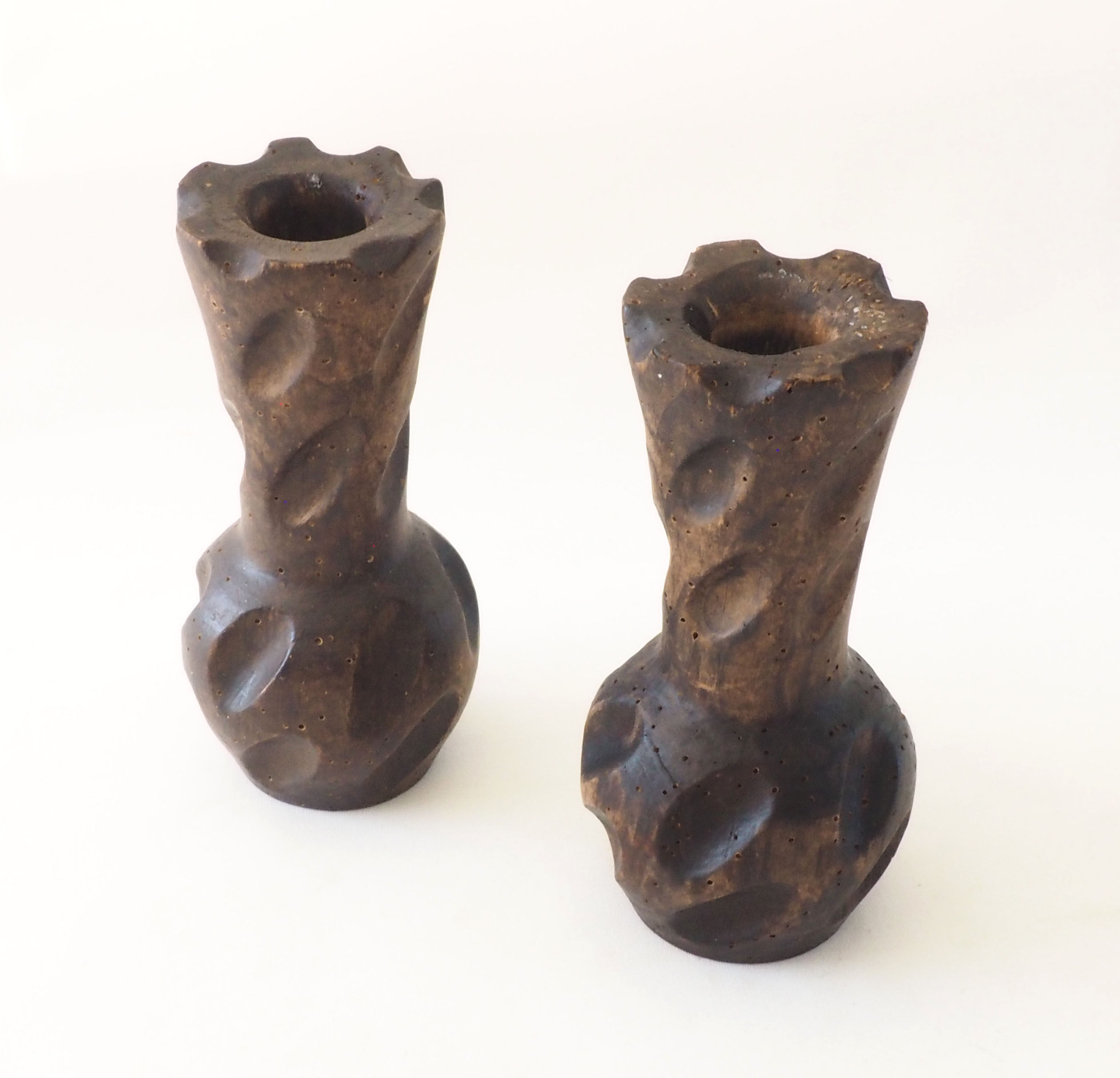 Brutalist wooden candlestick pair