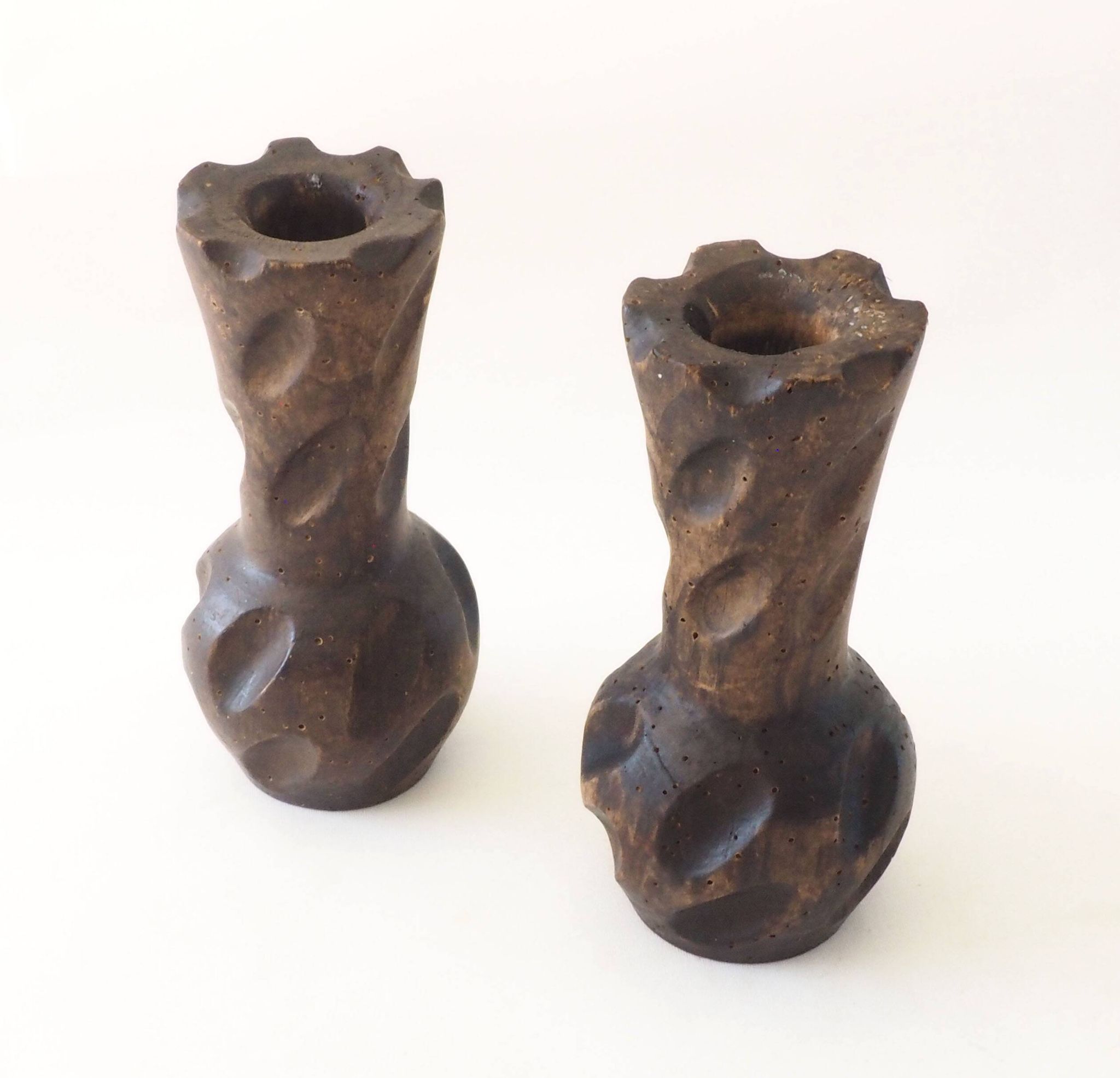 Brutalist wooden candlestick pair