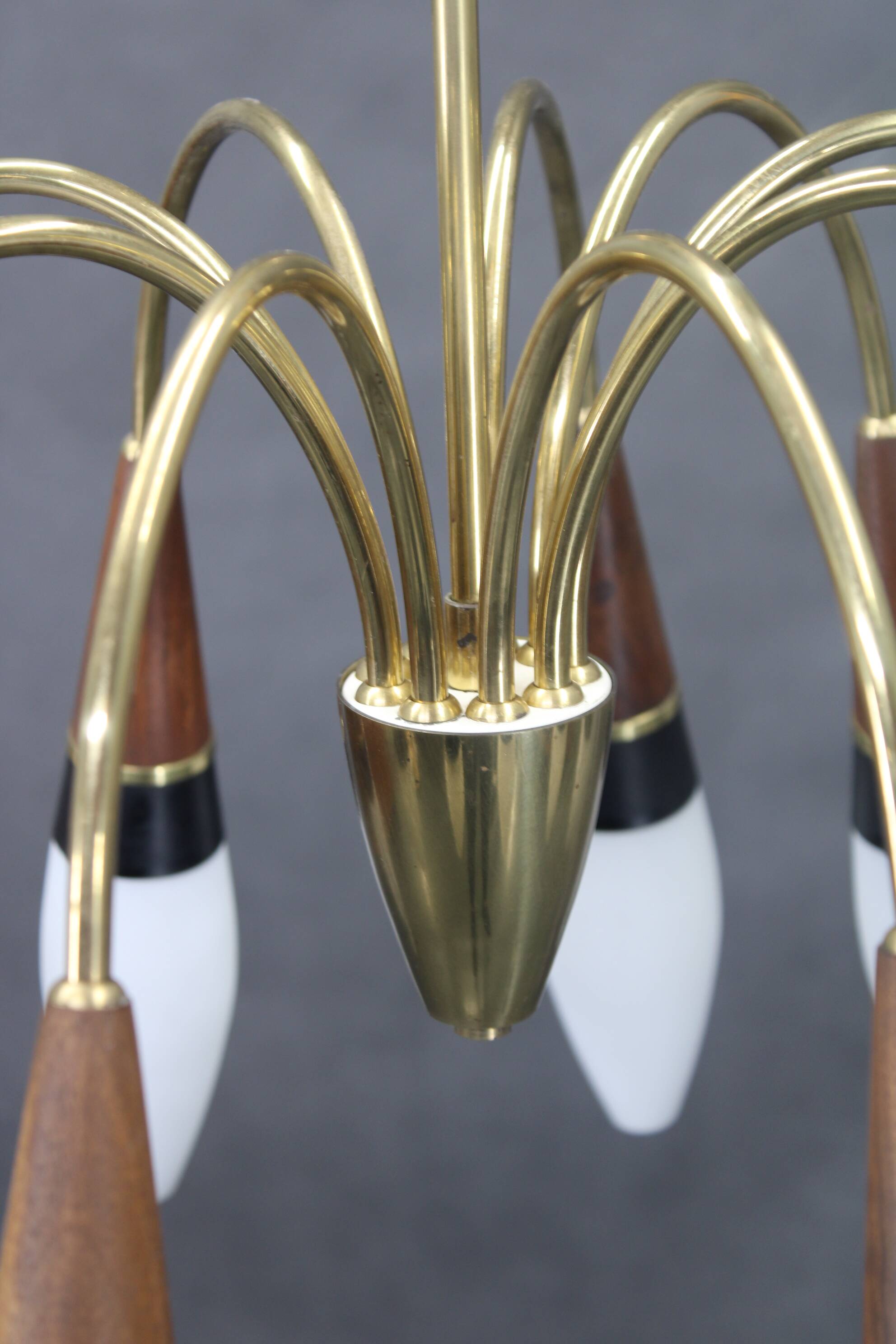 1960s Rupert Nikoll Brass and Teak Opaline Glass Chandelier ,Austria