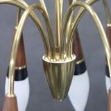 1960s Rupert Nikoll Brass and Teak Opaline Glass Chandelier ,Austria