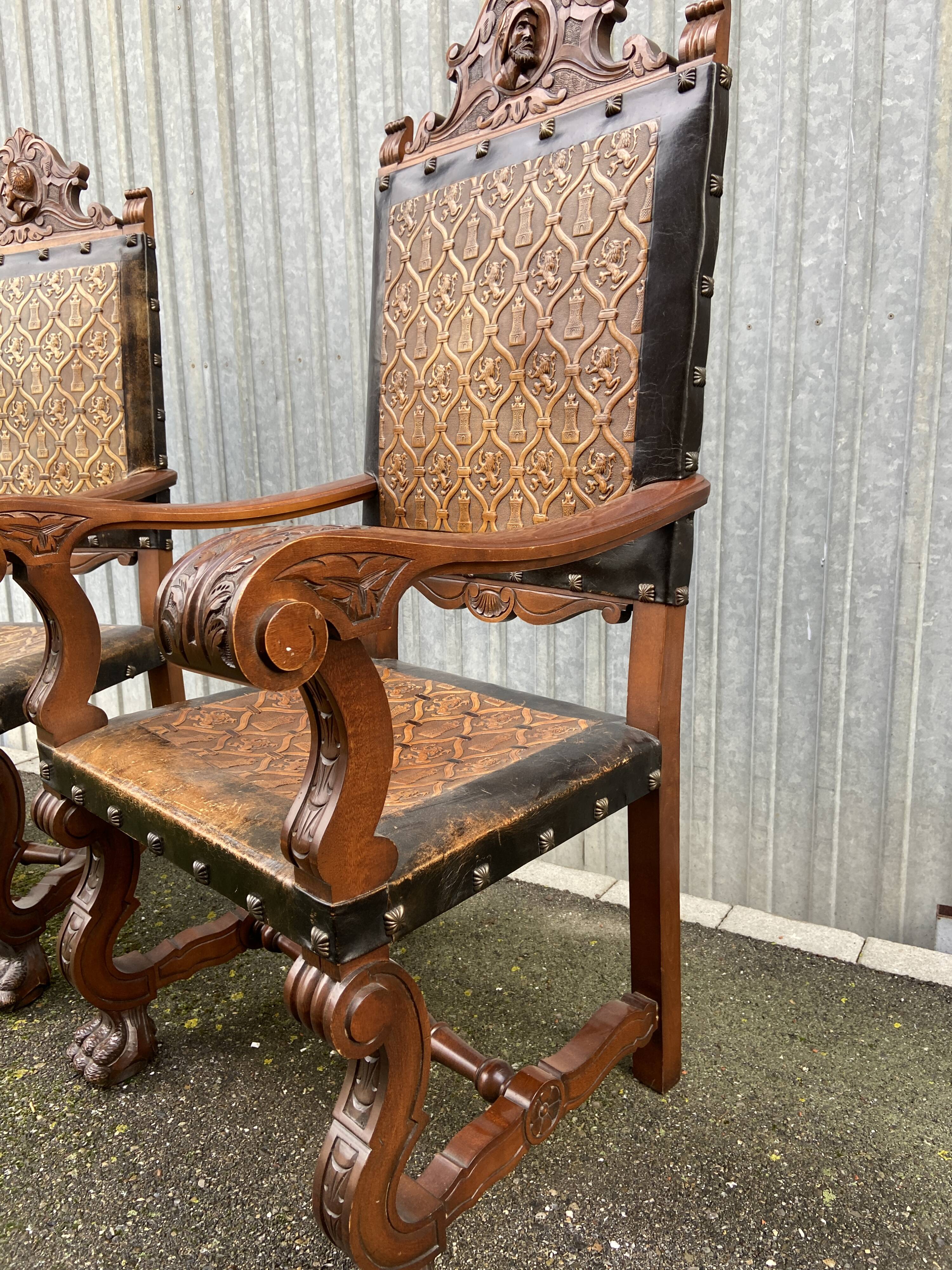 Pair of Throne Armchairs Spanish Renaissance style French Spanish armchair leather from Cordoba 1960s
