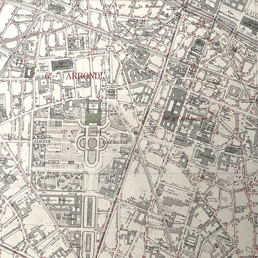 Old cardboard map of Paris - 5th and 6th Arrondissement