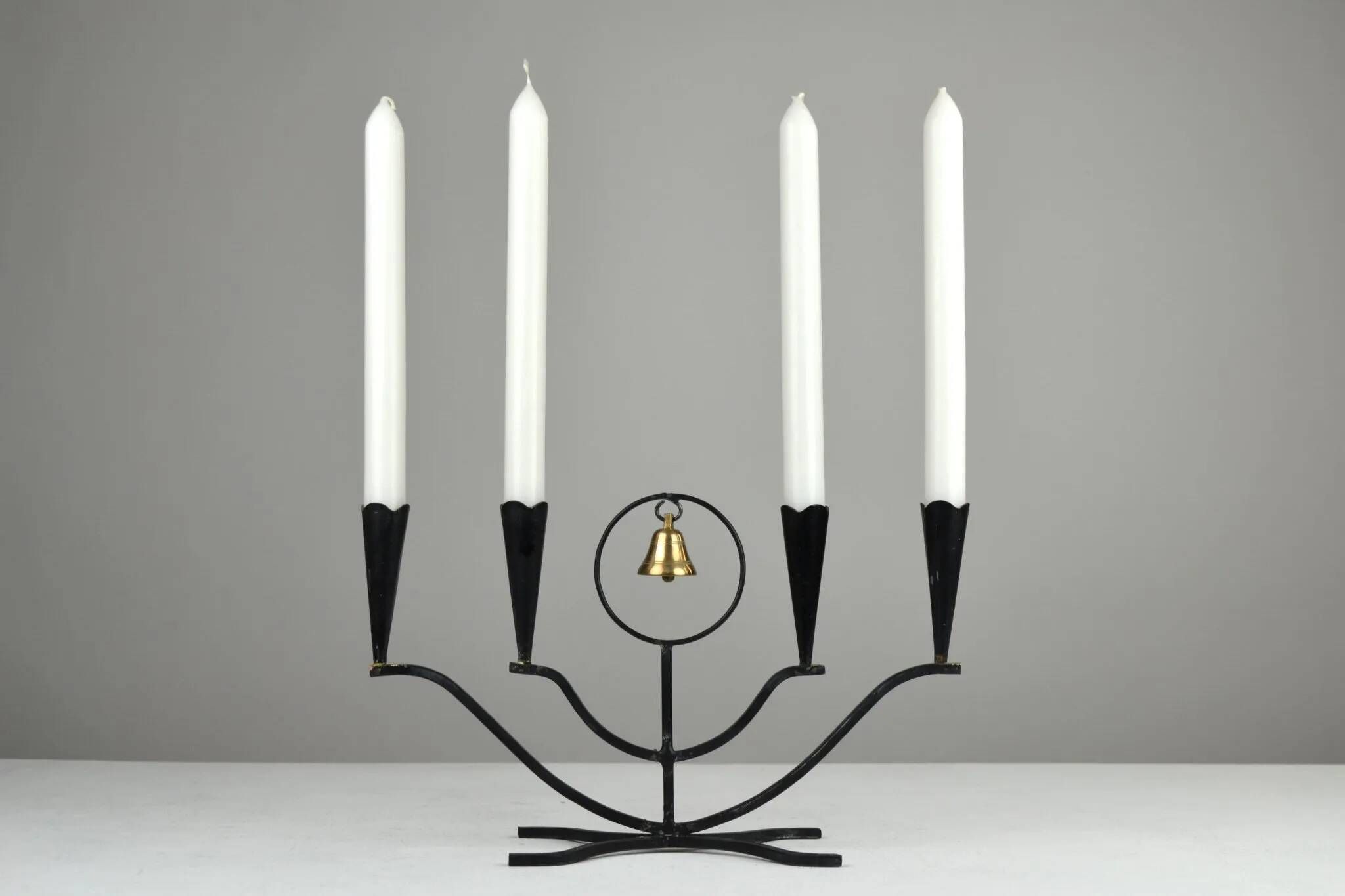 Four-Candle Candelabra with Brass Bell — Ystad-Metall, Sweden, 1950s
