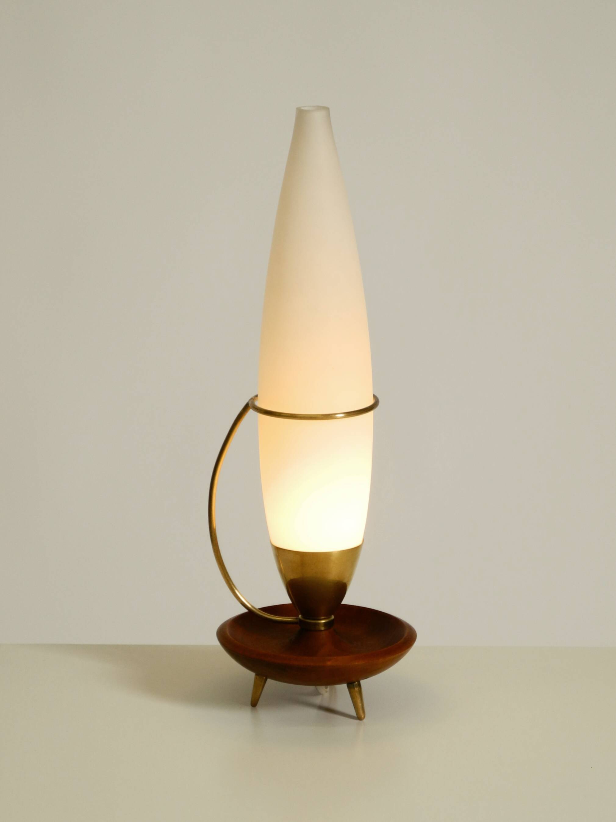 Large 1950s table lamp made of brass and teak, with a frosted glass shade
