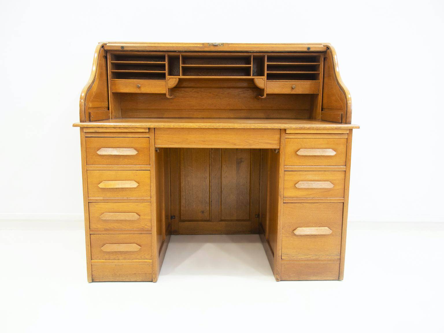 Oak roll-top desk with drawers