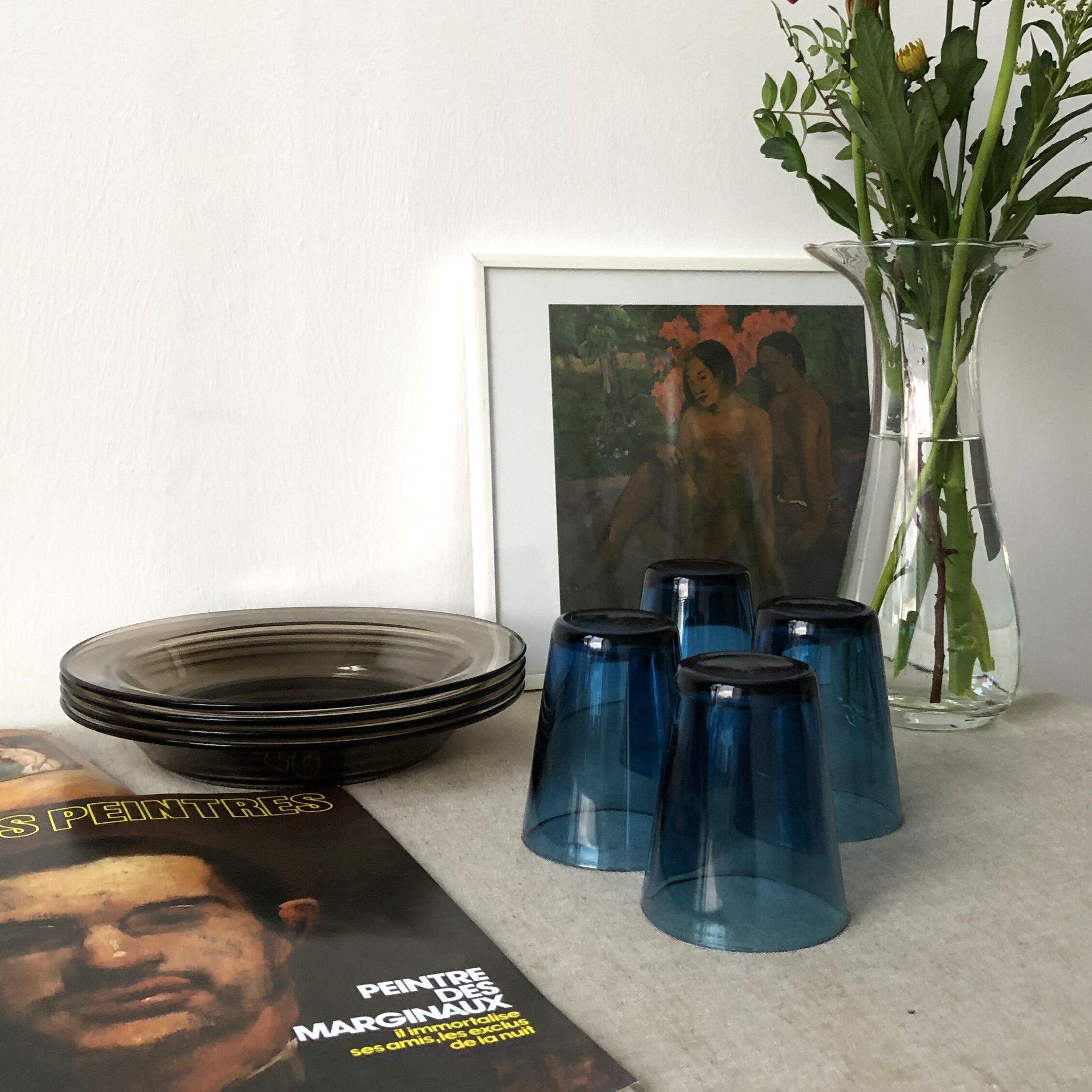 Set of 4 translucent blue water glasses base in very thick glass, sixties model, Vereco FR