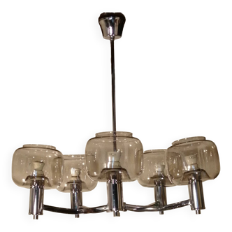 5-branched chandelier in chrome metal and smoked glass globes from Maison See Delmas 1970 vintage.