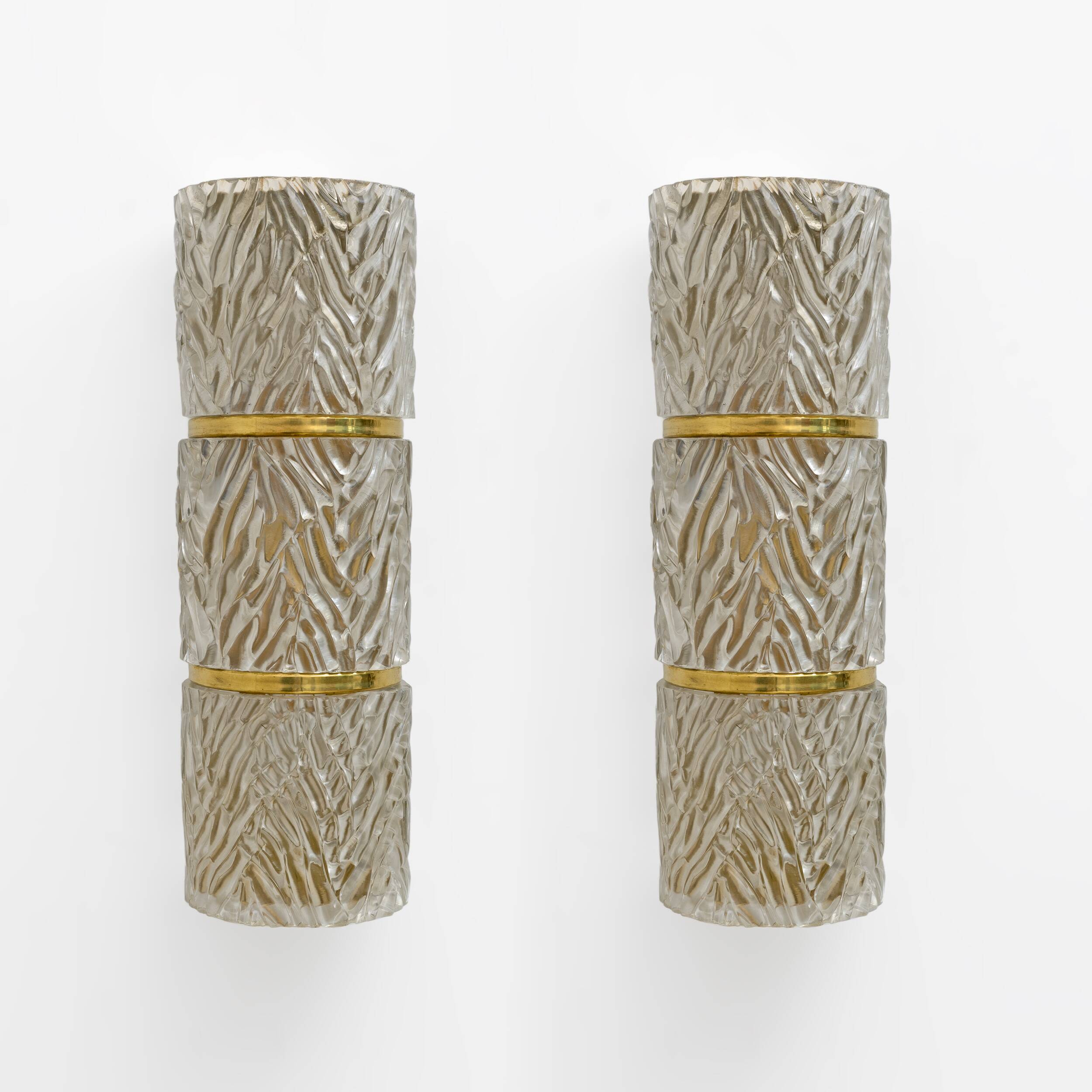 Pair of Modern Italian Brass and Murano Glass Textured Wall Sconces
