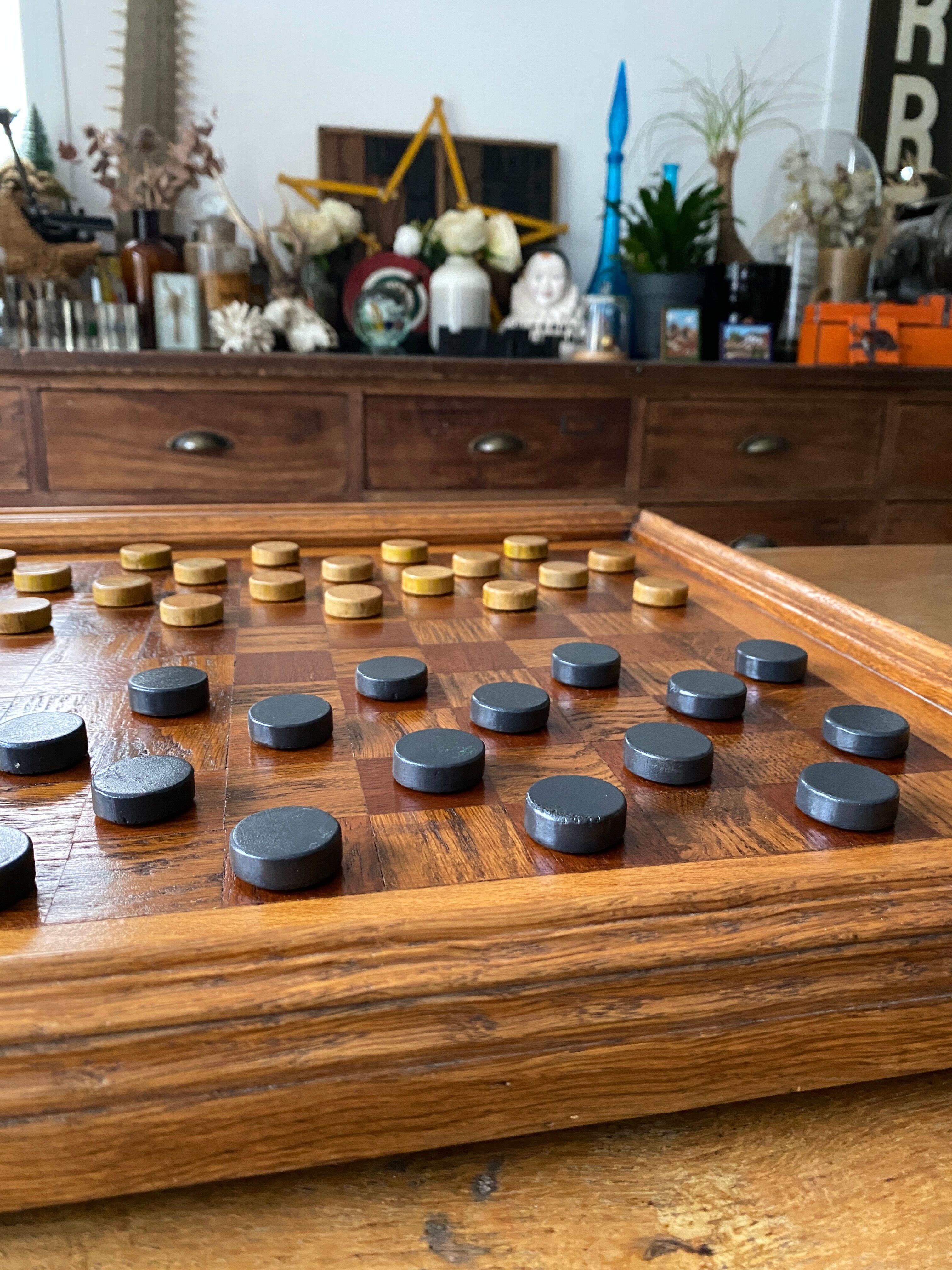 Old wooden checkers board
