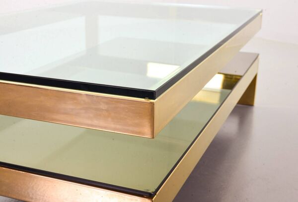 Table d'architecte Belgo-Chrom plaquée or 23 carats avec plateaux en verre, années 1970