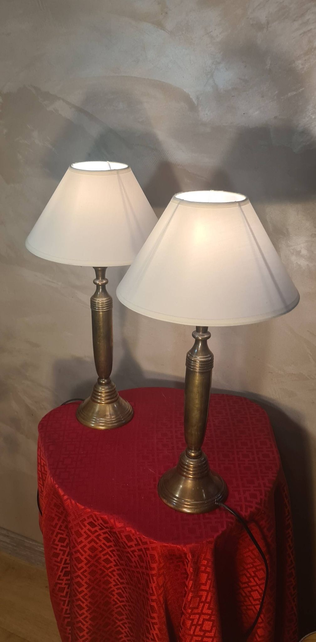 Pair of large solid brass lamps 1940, off-white lampshade 50x25