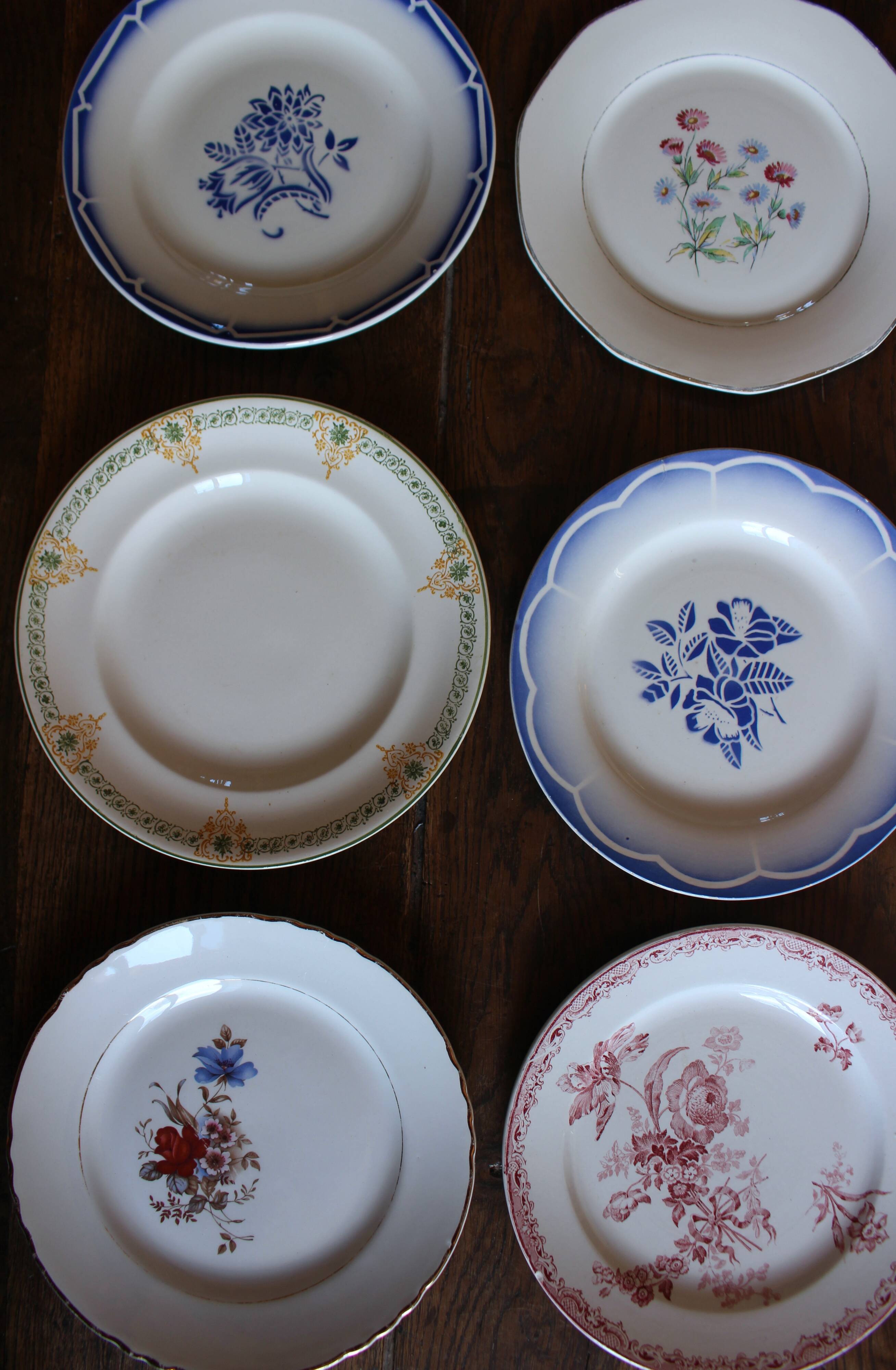 6 mismatched flat plates Fontanges Marsac Longwy Digoin
