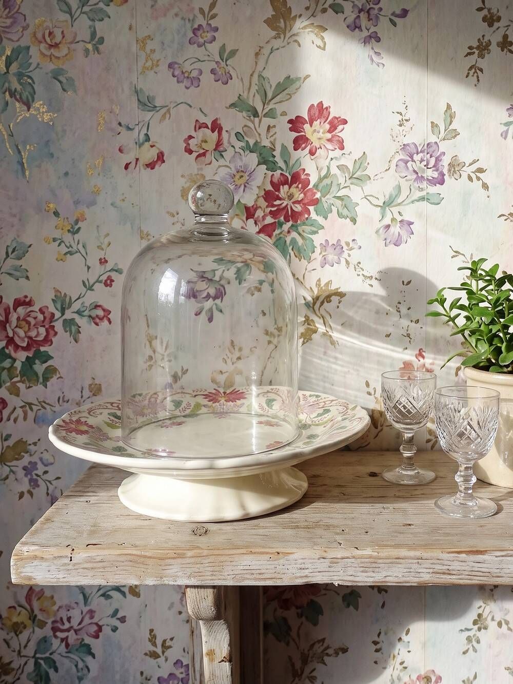 Short antique Longchamp stand with polychrome daisies in earthenware.