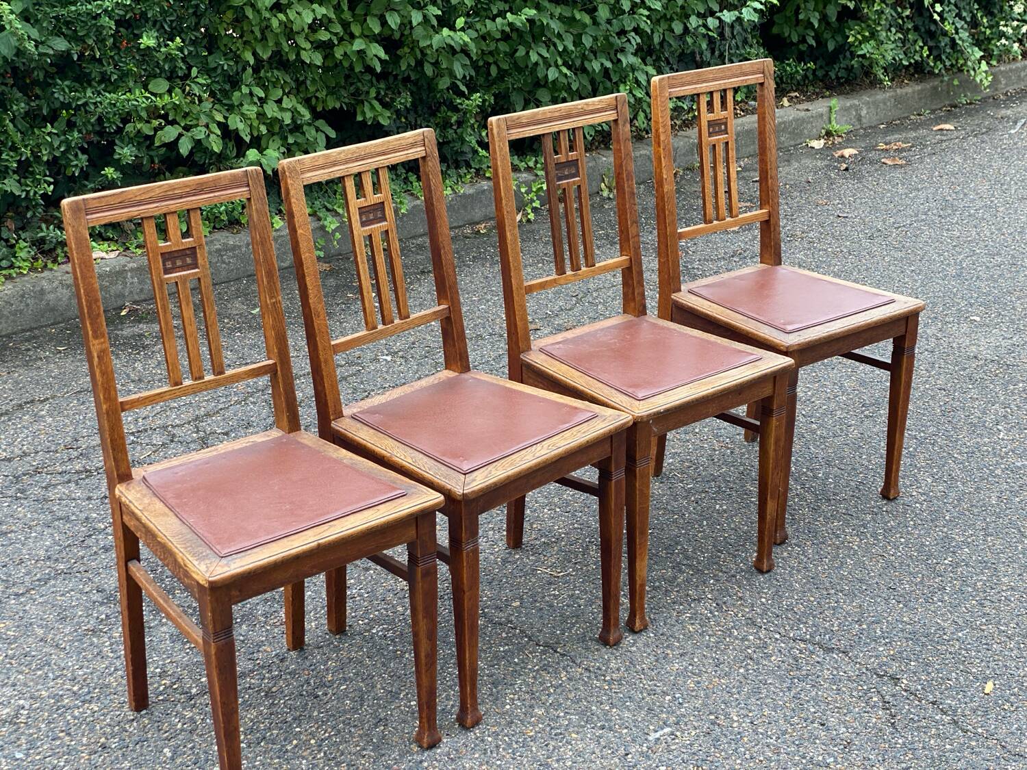 4 art deco dining chairs in solid wood and burgundy leather