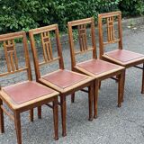 4 art deco dining chairs in solid wood and burgundy leather