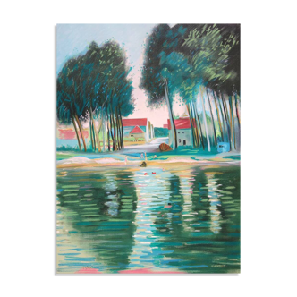 Bernard Collet: Banks of the Marne, original signed lithograph