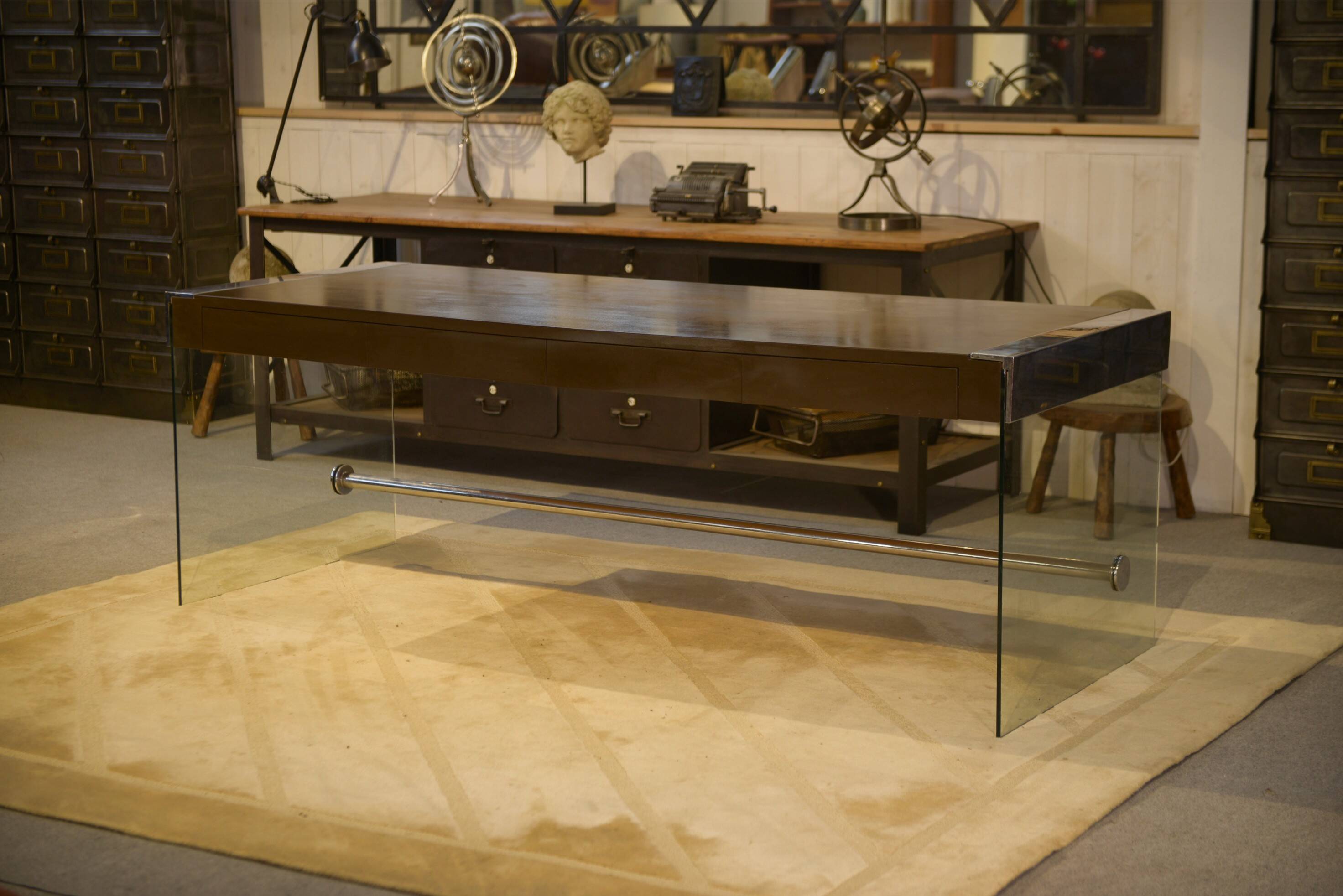 Desk design in melamine, glass and chrome 1980s