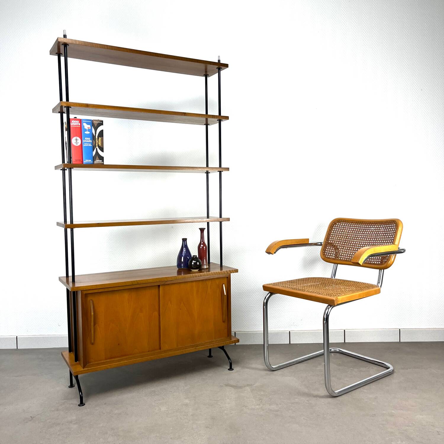 1950s wooden and metal bookshelf shelf