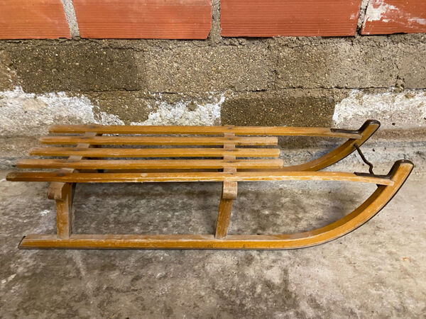 Luge ancienne Davos en bois & lames metal sport hiver vintage