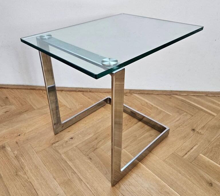 Midcentury Design Cantilevered Glass & Chrome Side Coffee Table, 1980s