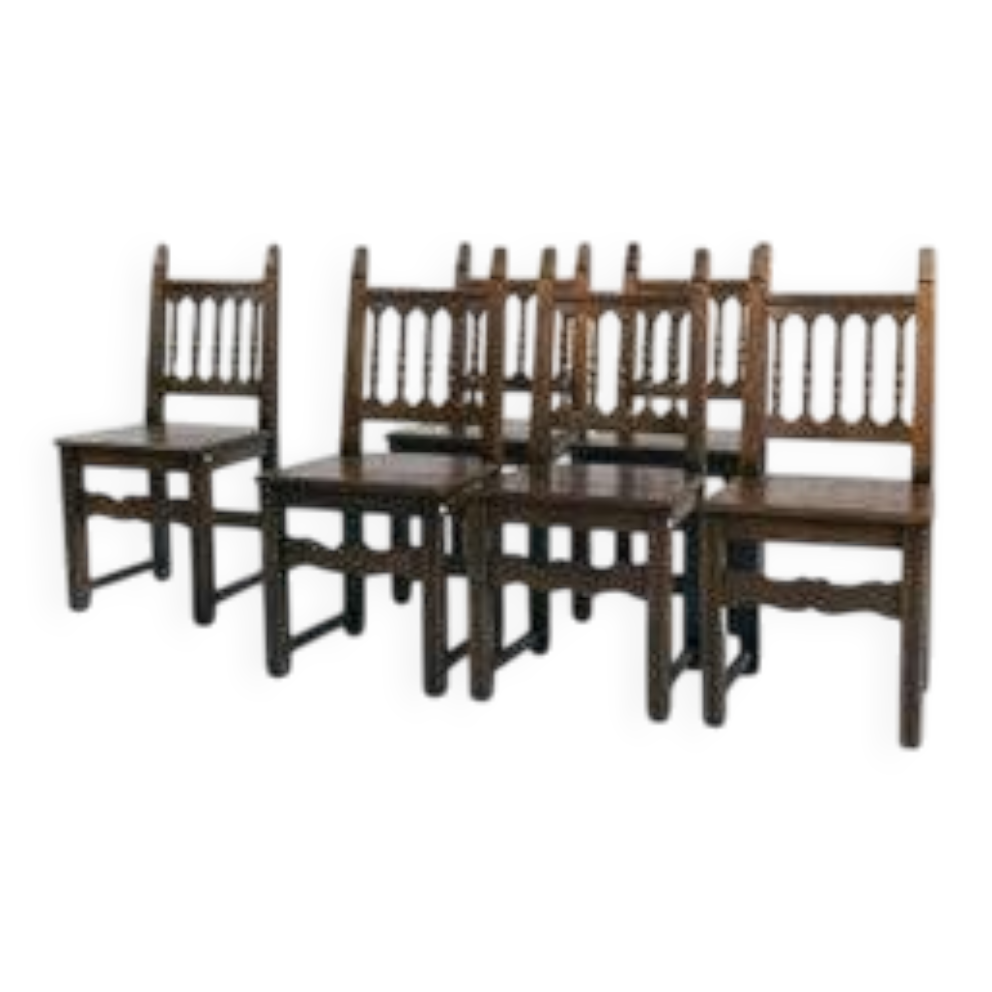 Spanish carved walnut wooden dining chairs, 1970s