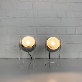 Pair of space age table lamps, chrome sphere and plexiglass, 70s