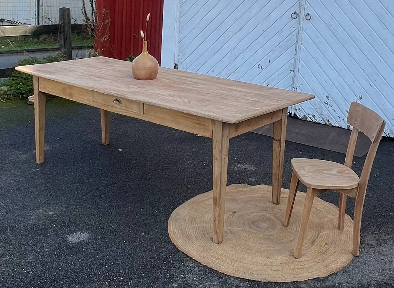Large antique farmhouse table with 2 drawers in raw solid wood.