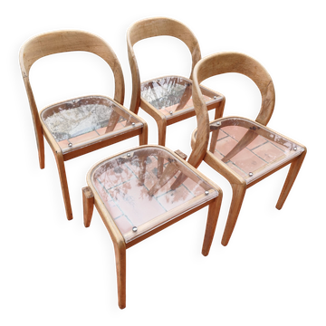 Suite de 3 chaises + 1 tabouret baumann modèle gondole chêne clair revisité