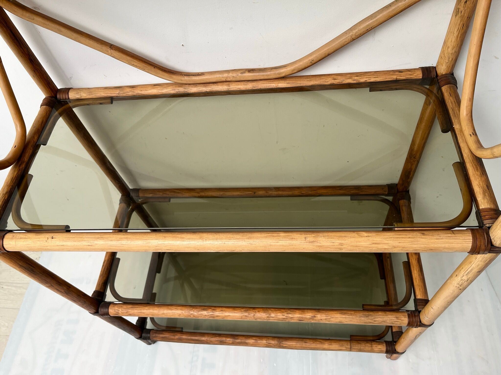Showcase shelf in vintage smoked glass bamboo