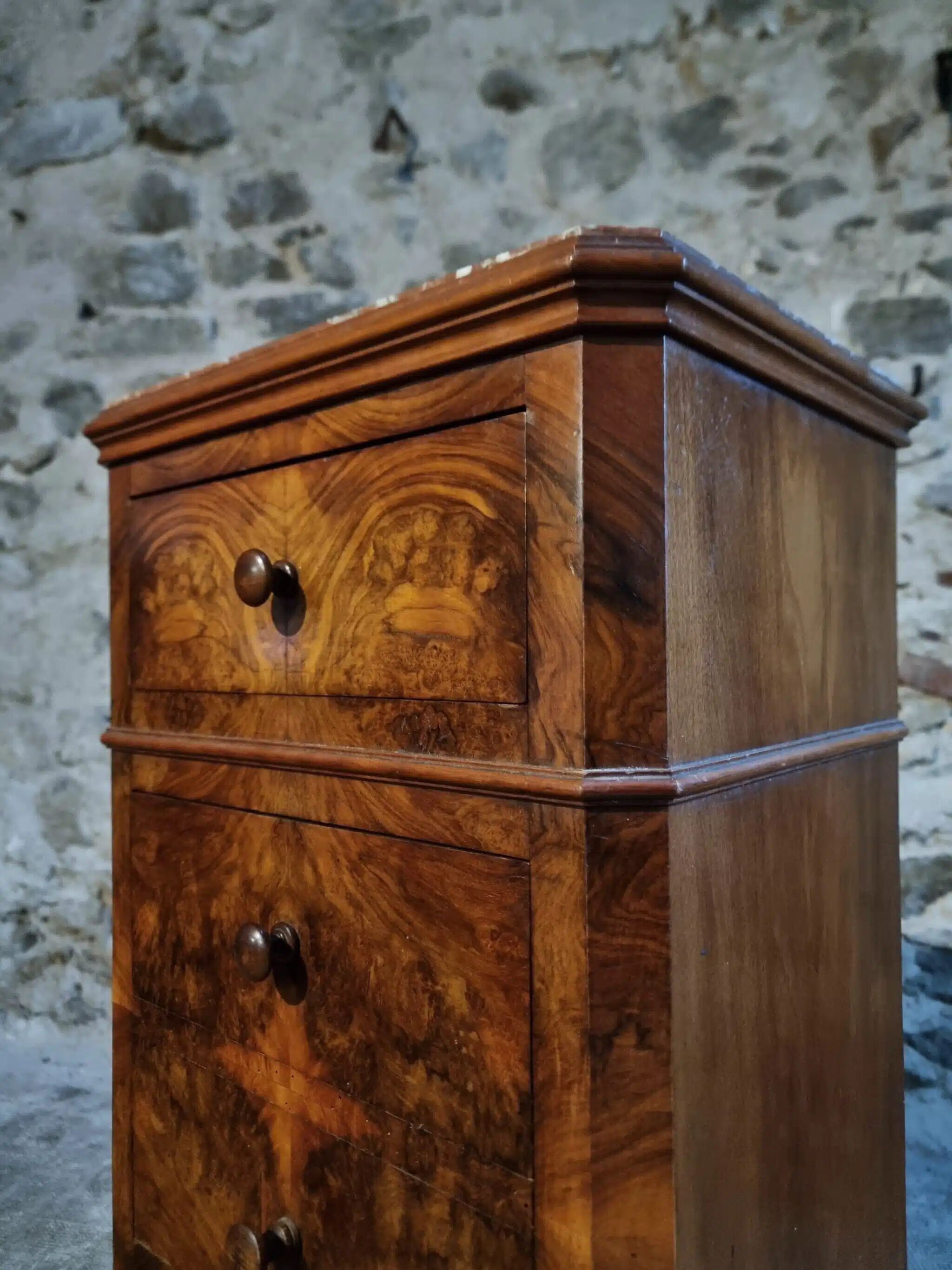 French antique bedside table in oak with walnut burl veneer, circa 1900.