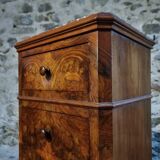 French antique bedside table in oak with walnut burl veneer, circa 1900.
