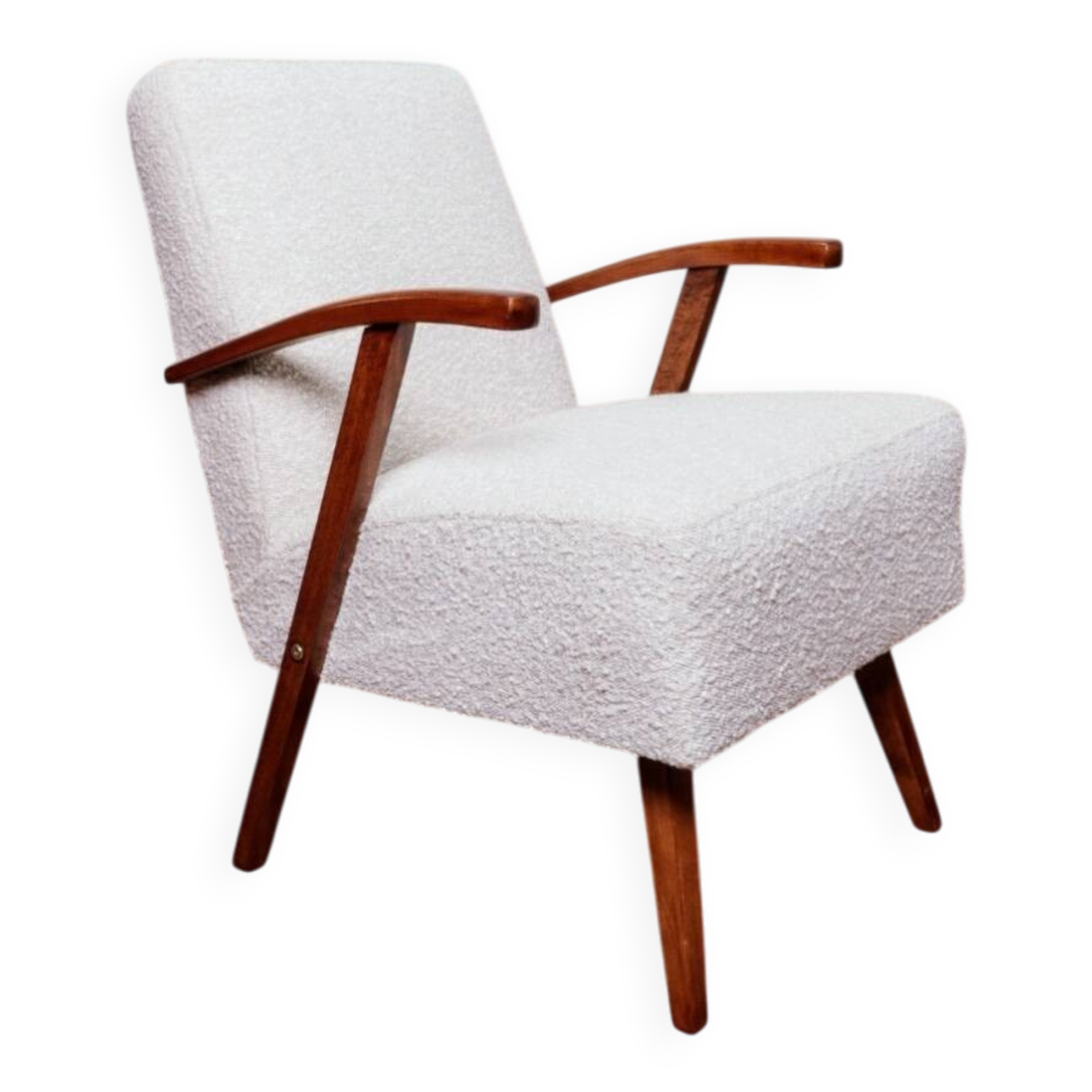 Vintage armchair in pearl white bouclé with walnut wood, 1960.