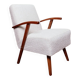 Vintage armchair in pearl white bouclé with walnut wood, 1960.