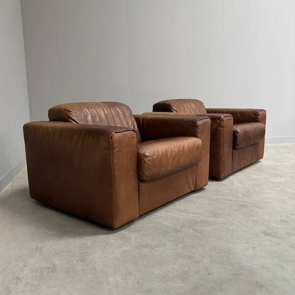 Ensemble de fauteuils en cuir marron vintage, années 1970.