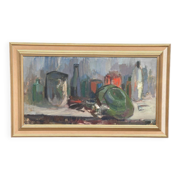 Original Mid Century Polish/Swedish Oil On Canvas – “Hat And Bottles” By Jerzy Luczak – Vintage & Framed – 59 × 99 Cm (23.2" × 39")