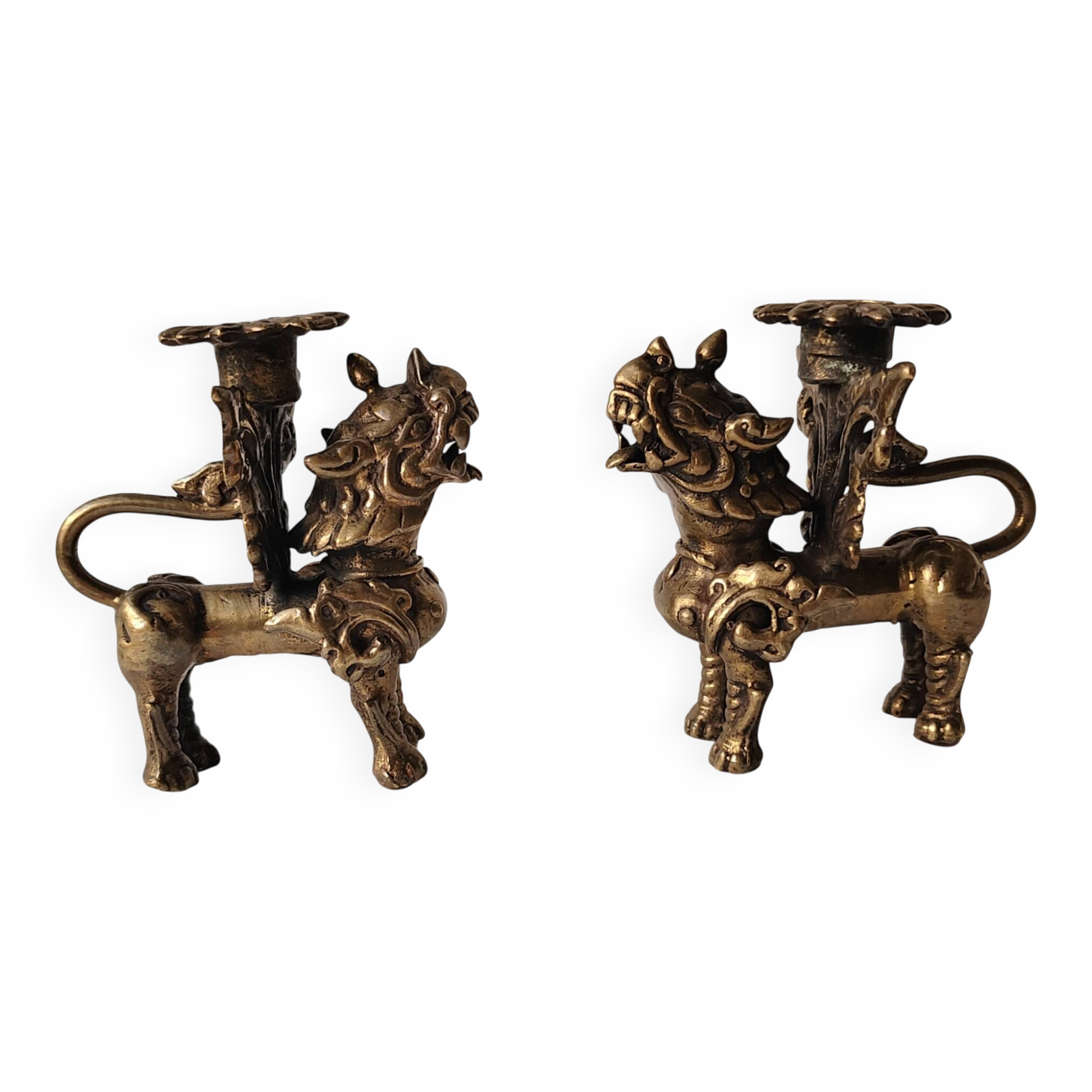Pair of vintage brass candlesticks, Foo Dogs / Guardian Lions