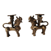 Pair of vintage brass candlesticks, Foo Dogs / Guardian Lions