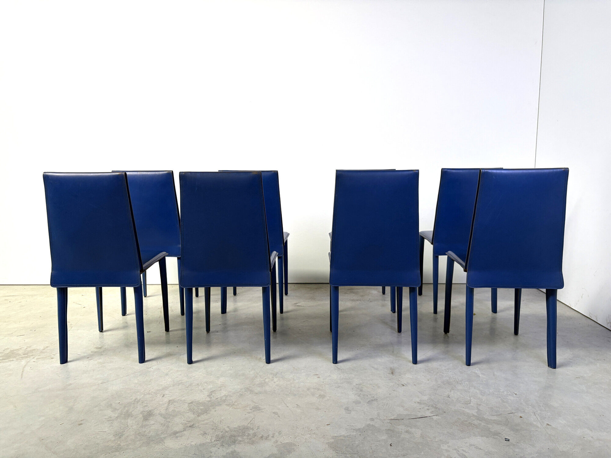 Blue leather dining chairs by Fasem, 1980s - set of 8