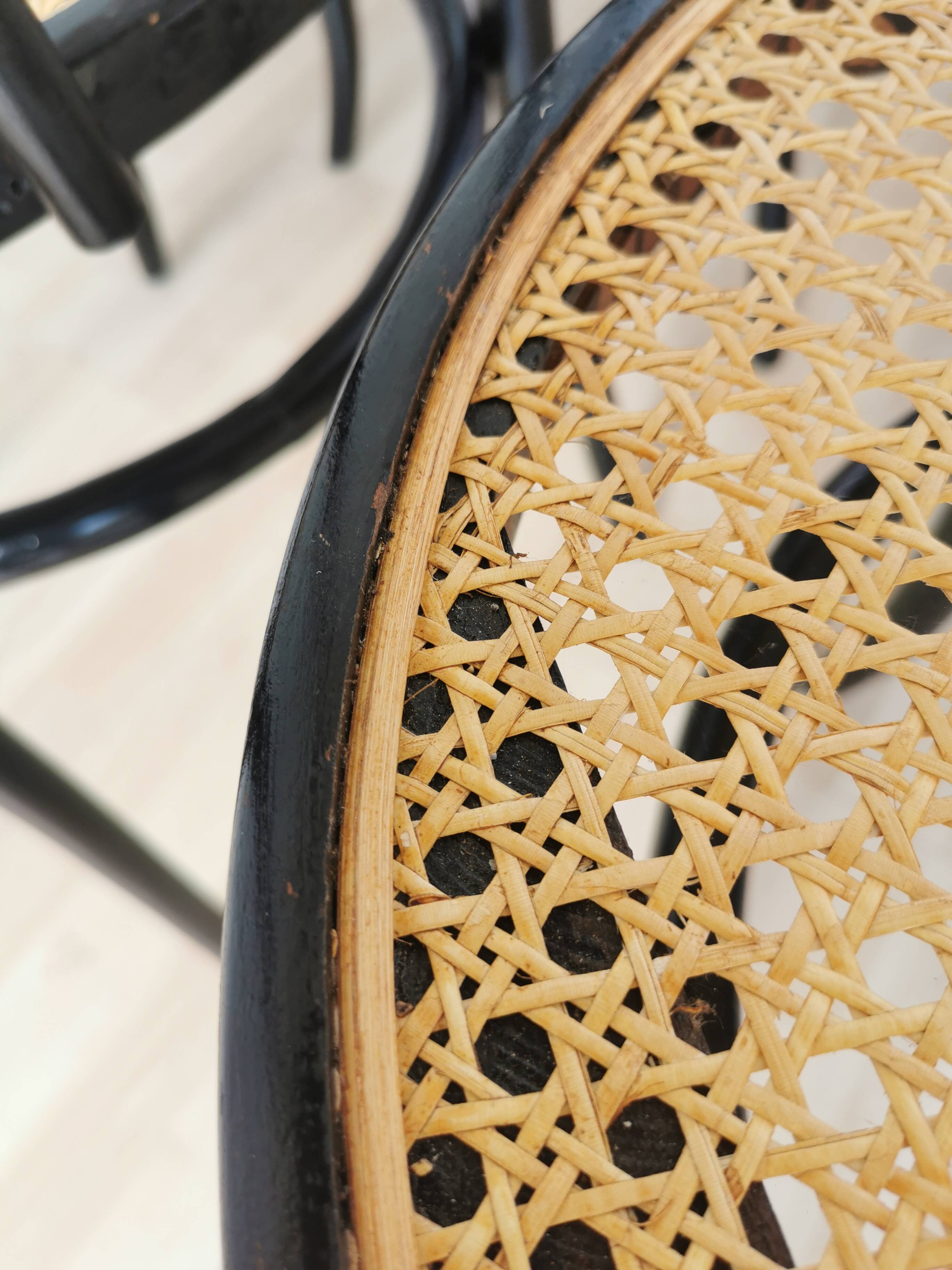 Set of 6 Vintage Thonet Style Dining Chairs: Black Bentwood Cane Seat