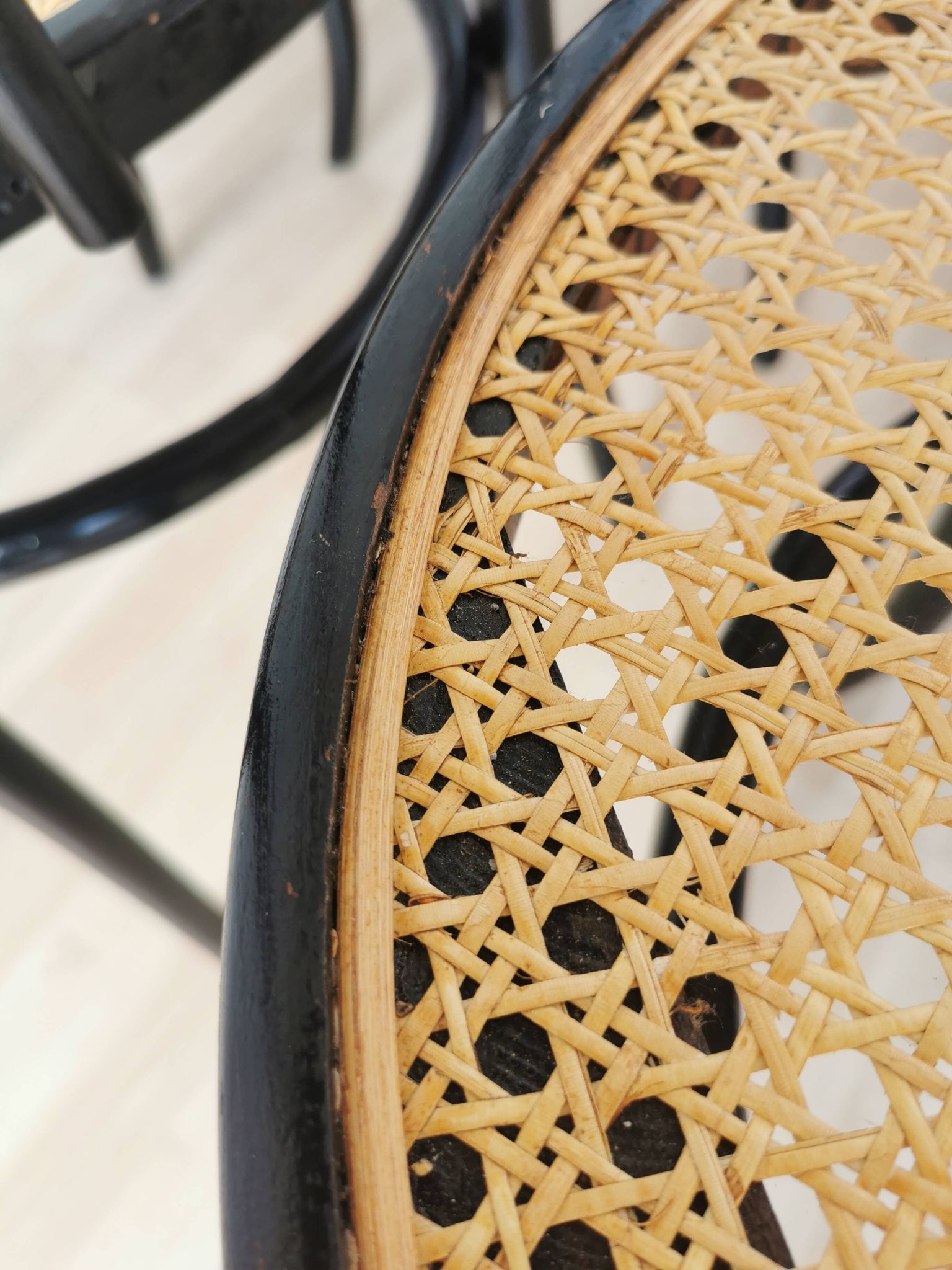 Set of 6 Vintage Thonet Style Dining Chairs: Black Bentwood Cane Seat