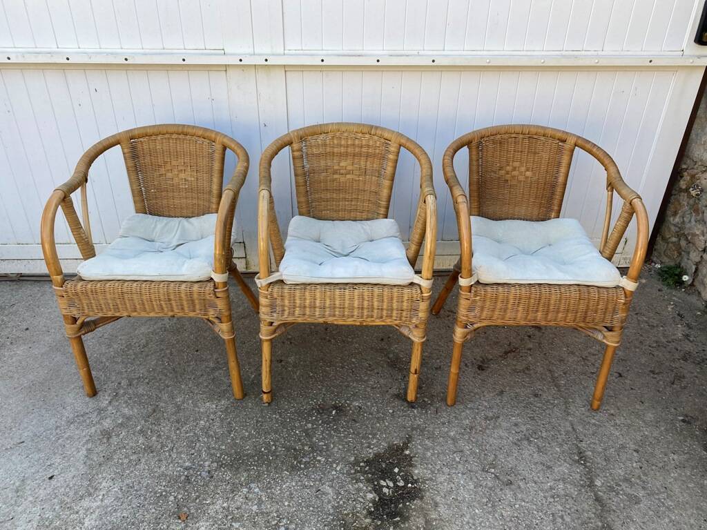 Set of 3 vintage rattan and wicker armchairs