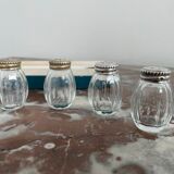 Set of 4 salerons, Christofle goldsmithery, solid silver, pressed molded glass