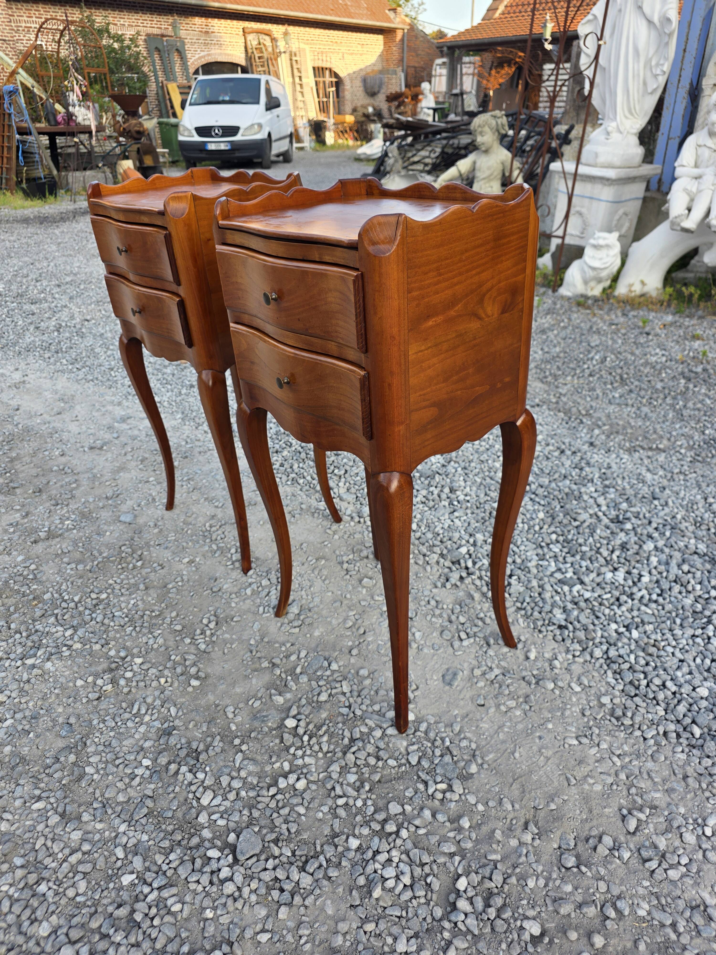 Pair of Louis XV style bedside tables in solid cherry wood.