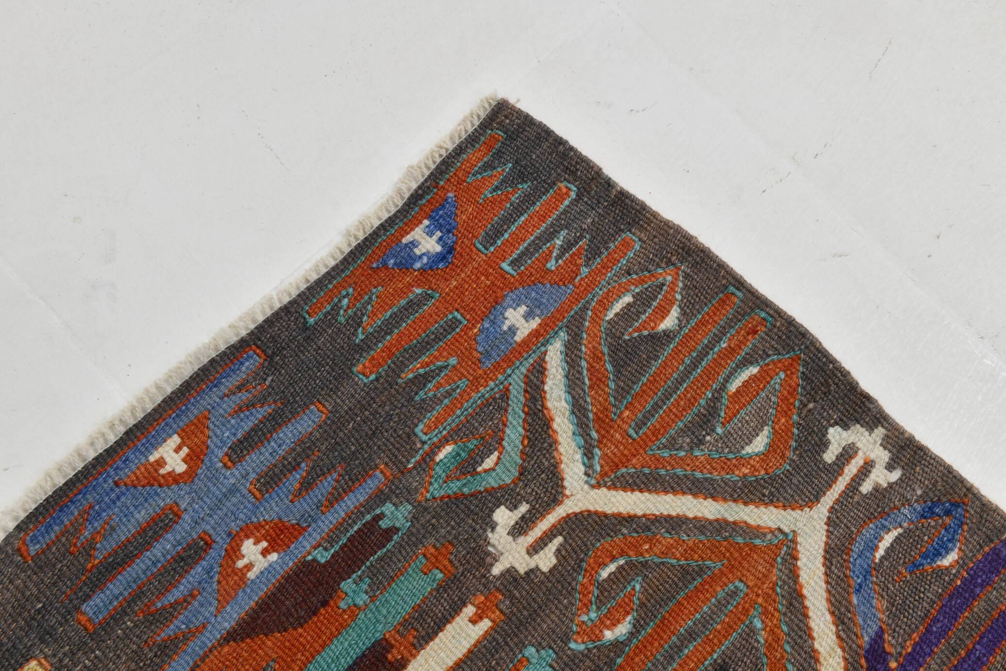 7x10 Green & Blue Geometric Pattern Kilim Rug, 222x303Cm