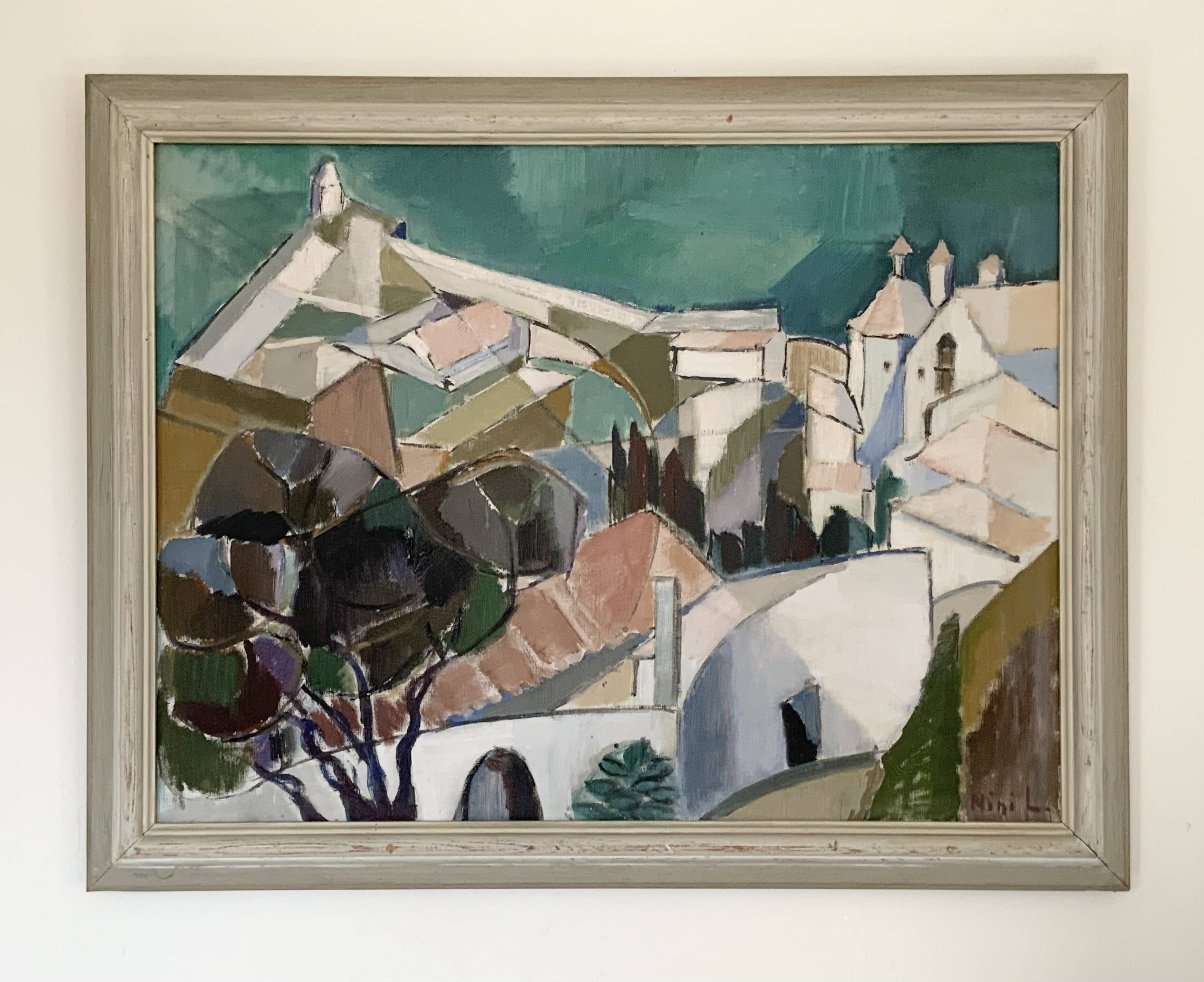 Vintage Modernists Oil On Canvas Landscape Painting by Nini Landgren 1950s