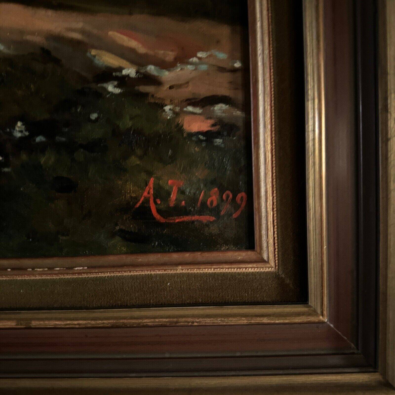 Oil on canvas riverside late 19th century monogram AT