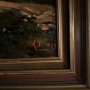 Oil on canvas riverside late 19th century monogram AT